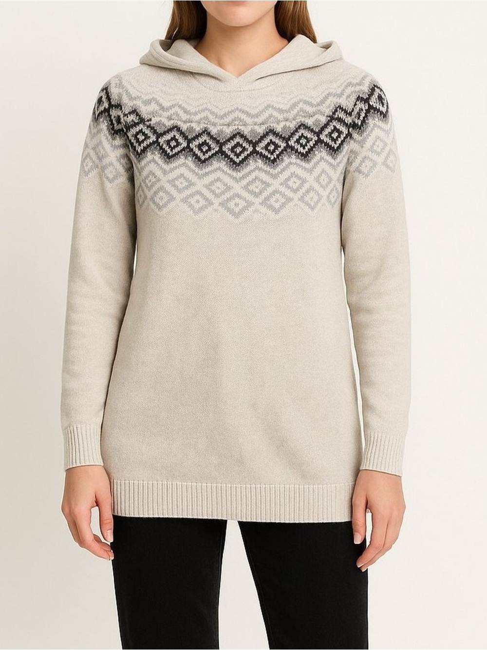 J. Jill Cream Hooded Fair Isle Turtleneck Sweater